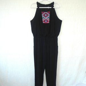 Nicole Sleeveless Aztec Embroidery Black Jumpsuit w/Pockets NWOT!